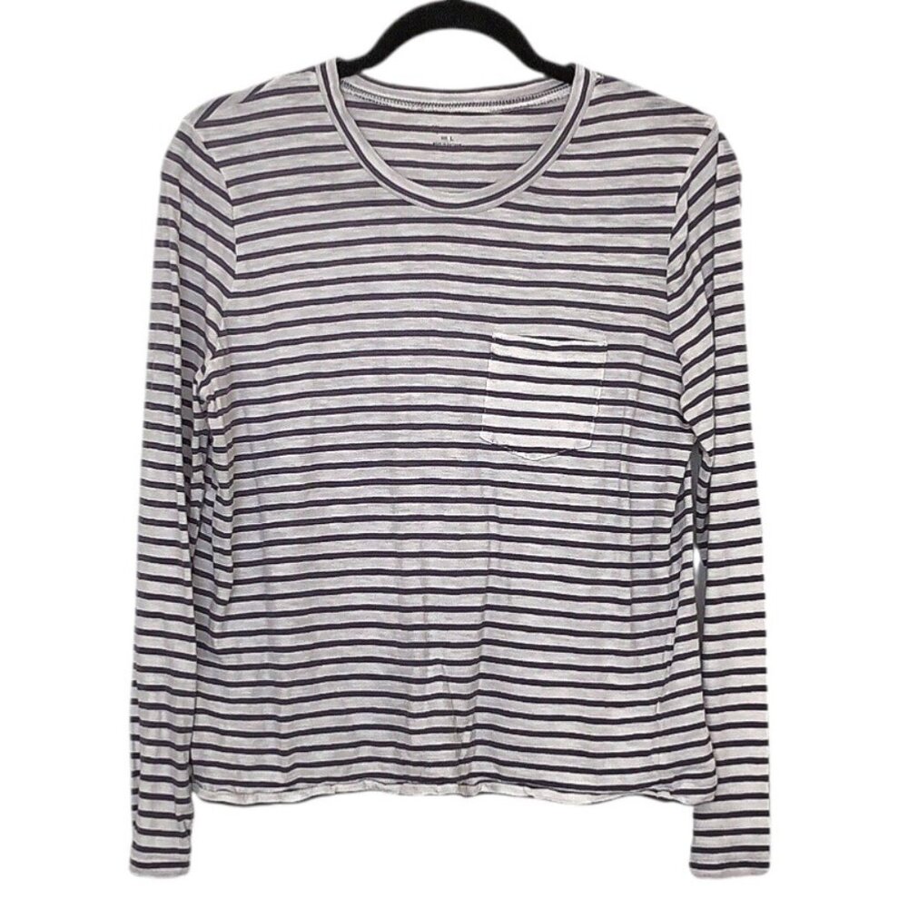 Madewell Gray White Striped Scoop Neck Long Sleeve Top L